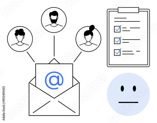 Email marketing, task tracking, teamwork, efficient communication, digital connection, online collaboration. Envelope with email symbol, user icons checklist and face icon. Email marketing and task