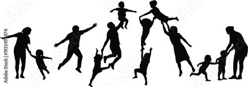 Happy family silhouettes playing together, parents lifting children in joyful moments isolated on white background vector illustration concept