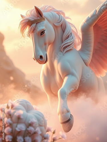 Whispers of antiquity, soft pastels embrace Tanit's gaze and Pegasus' flight, a dreamscape coin,  carthage,  dutch angle