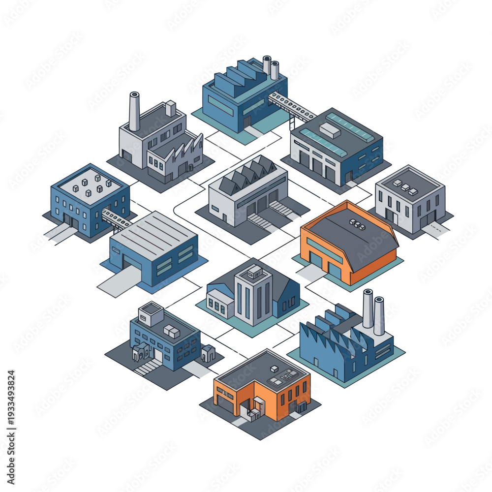 Fototapeta premium Isometric illustration of a network of connected industrial buildings and factories.