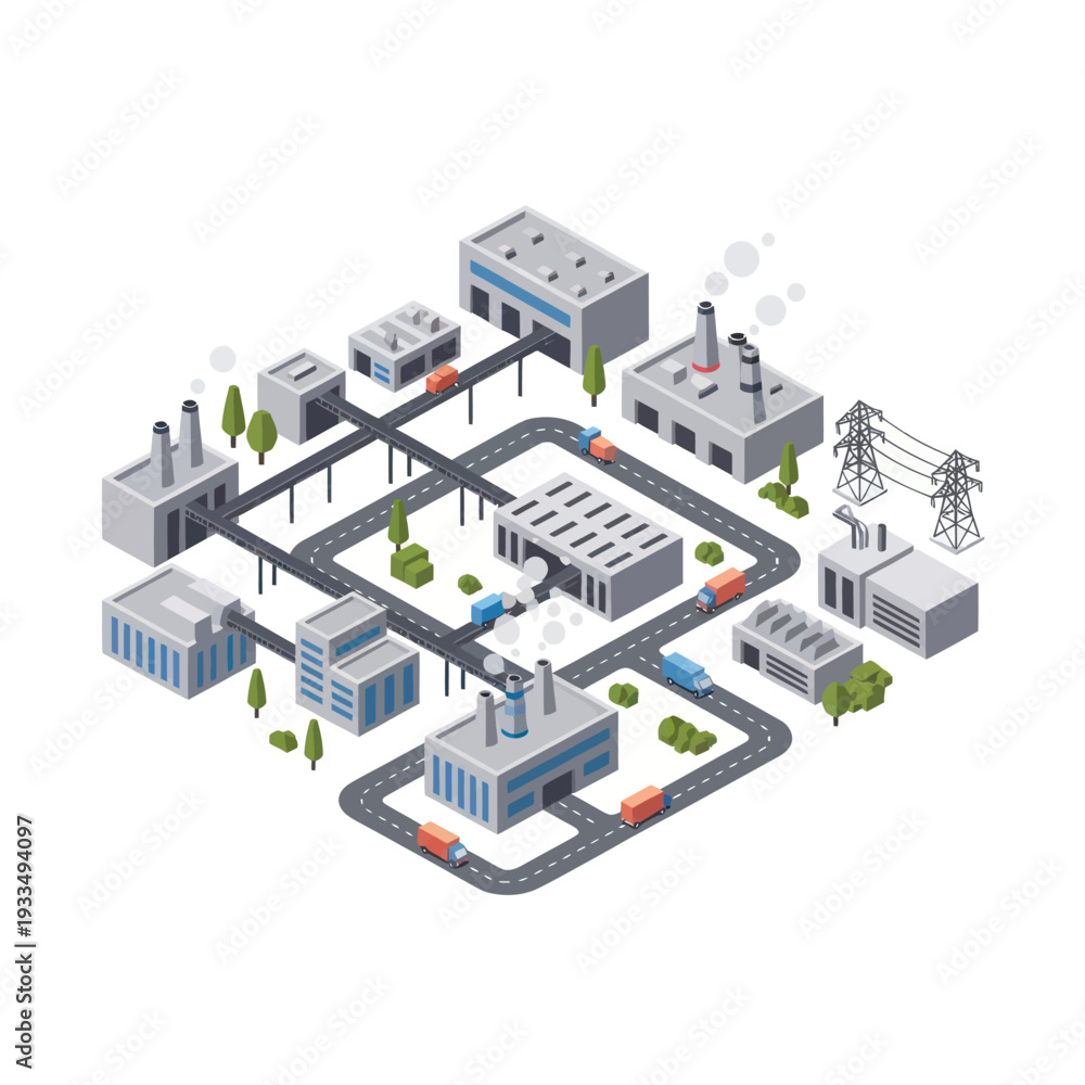 Fototapeta premium Isometric illustration of a modern industrial complex with factories and infrastructure.