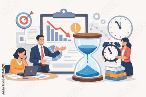 Business team facing time management challenges with a large hourglass and declining performance charts, illustrating the stress of meeting deadlines and project goals in a corporate setting.
