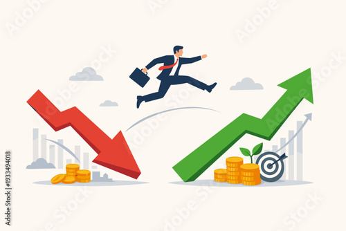 Businessman jumping from falling red arrow to rising green arrow, representing financial recovery, investment growth, stock market success, economic trend shift, and business crisis management.