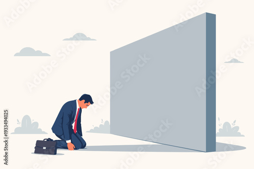 Depressed Businessman Kneeling Before a Huge Concrete Wall Symbolizing a Career Obstacle, Failure, and Professional Burnout; Concept of Mental Health, Stress, and Overcoming Business Barriers.