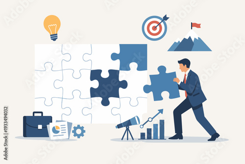 Businessman Finding Missing Puzzle Piece for Project Success and Problem Solving Concept. Professional Male in Suit Completing Jigsaw with Strategy, Vision, Growth, and Goal Achievement Icons.
