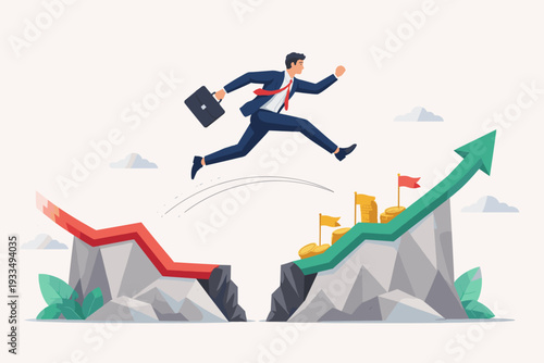 Corporate Businessman in a Suit Jumping Over a Gap in a Financial Graph Representing Risk Management and Success in Uncertain Economic Times, Overcoming Challenges for Business Growth and Achievement