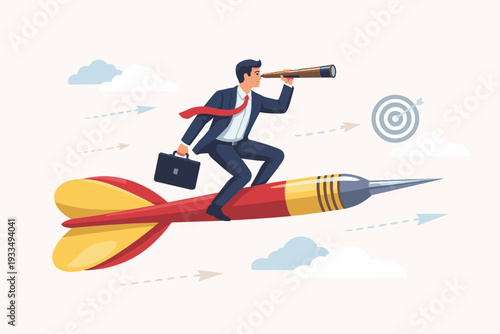 Businessman in a suit riding a giant dart through the sky, looking through a telescope to find a target. Concept of business strategy, searching for opportunities, vision, and achieving goals.