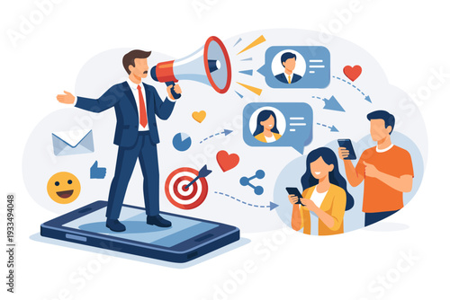 Businessman Standing on a Large Smartphone Using a Megaphone for Digital Marketing, Social Media Referral, and Sharing Information with Friends. Viral Marketing Campaign and Online Promotion.