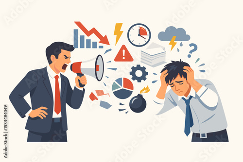 Angry boss shouting into megaphone at stressed office worker with icons of business failure, deadlines, and pressure. Concept of toxic management, workplace burnout, and professional stress.