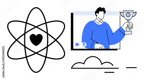 Man holding a trophy in a digital window represents recognition and success, next to an atomic heart symbol conveying innovation and interconnectedness. Ideal for technology, awards, innovation