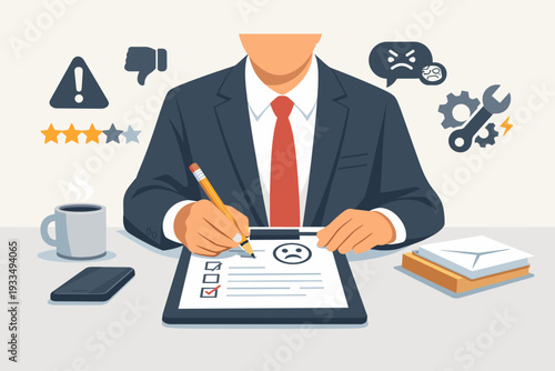 Businessman in Suit Writing on Complaint Form with Pencil, Negative Feedback Concept with Bad Review Icons, Low Rating Stars, Angry Emoji, and Technical Support Symbols on Office Desk.