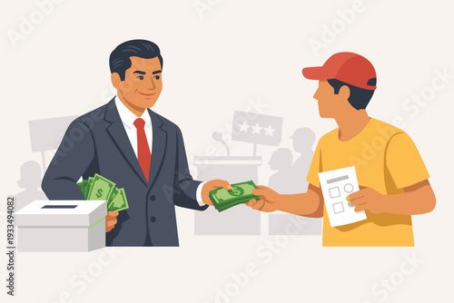 Political Corruption Concept with a Corrupt Politician in a Suit Giving Cash to a Voter Holding a Ballot Paper Near a Ballot Box, Illustration of Election Fraud and Buying Votes on Election Day