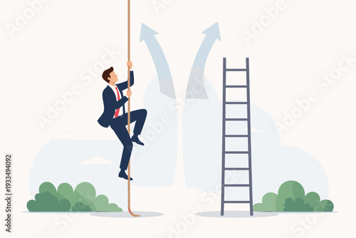 Businessman Climbing a Rope Instead of Using a Ladder, Concept of Choosing the Hard Way Over the Easy Path for Success, Career Growth, Ambition, Determination, and Unconventional Business Strategy.