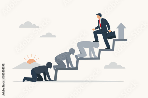 Businessman in Suit Climbing Career Ladder Made of Human Steps to Reach Success, Concept of Corporate Hierarchy, Exploitation, and Ambition Where One Person Steps on Others to Get to the Top