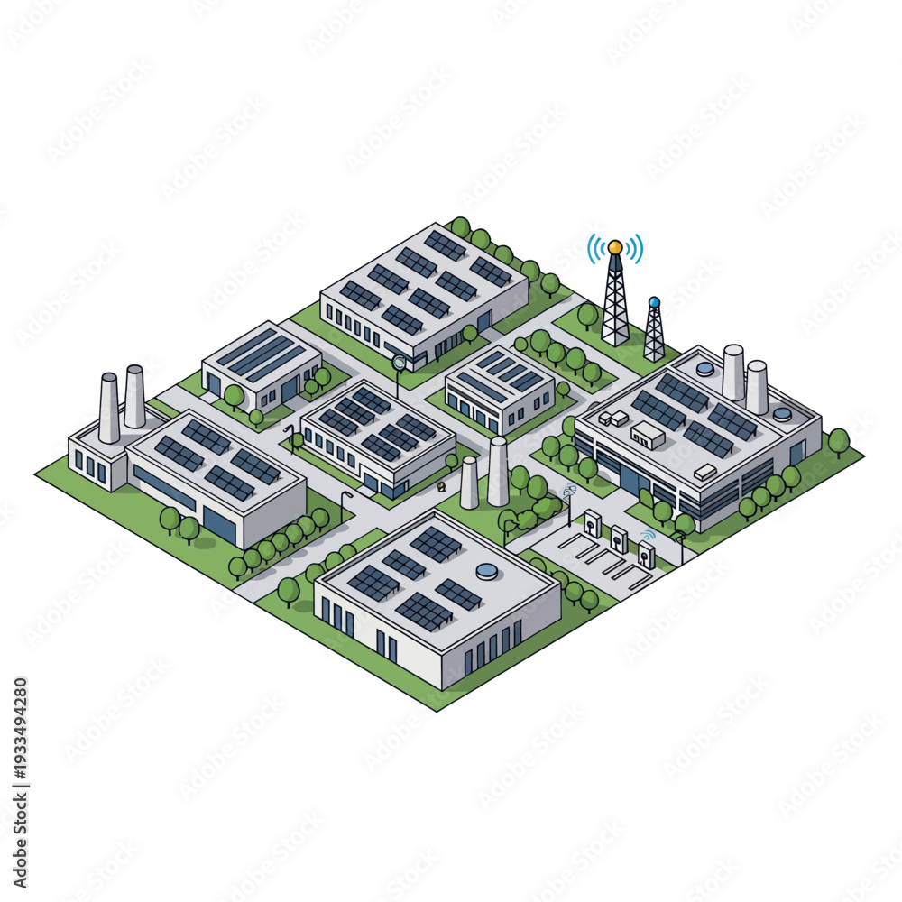 Obraz premium Isometric illustration of a modern industrial complex with solar panels on rooftops.
