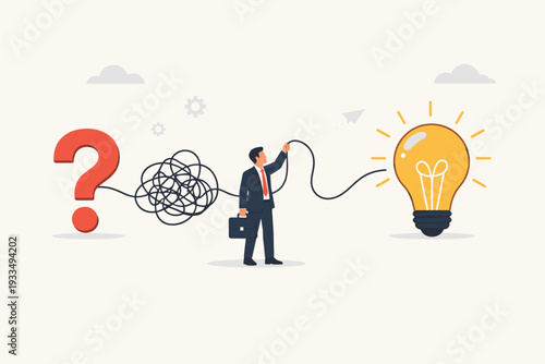 Businessman untangling a tangled line from a question mark to a glowing light bulb, representing problem solving skills, finding clarity in complexity, innovation, and creative business solutions.