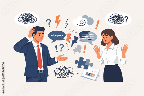 Business Communication Problems Concept with Man and Woman Having Misunderstanding and Confusion at Work. Miscommunication, Unclear Messages, and Conflict Between Colleagues in Office Setting.