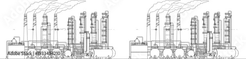 Industrial oil refinery plant line art illustration, petrochemical factory with storage tanks and chimneys vector engineering drawing