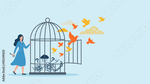 Woman Opening Birdcage to Release Birds Symbolizing Mental Health Freedom and Liberation from Anxiety, Depression, and Stress. Psychology Concept of Emotional Healing, Therapy, and Self-Care.