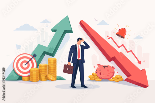 Stressed businessman standing between rising green arrow and falling red arrow representing financial market volatility, economic growth and recession, investment success and loss, and risk.