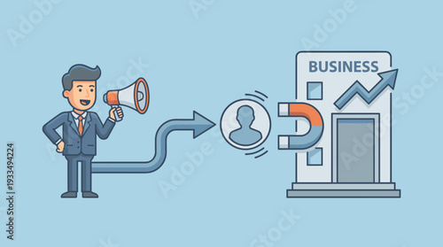 Businessman with Megaphone Attracting Customers to a Business Building with a Magnet and Growth Arrow, Social Media Marketing and Lead Generation Concept Illustration for Digital Advertising Strategy