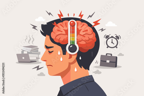 Stressed man with a thermometer in his brain showing maximum level, symbolizing burnout, mental exhaustion, and work pressure with icons of an alarm clock, laptop, and briefcase in background.