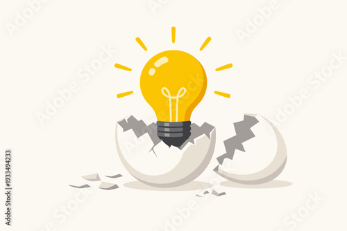 Success Business Innovation Symbol with a Glowing Yellow Light Bulb Emerging from a Cracked Egg Shell, Representing the Birth of a New Creative Idea, Inspiration, and Startup Growth Concept.