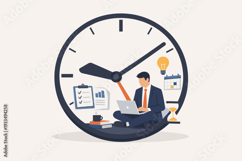 Time Management Concept Illustration of a Professional Businessman Working on a Laptop Inside a Large Clock with Task Checklist, Calendar, Hourglass, and Creative Idea Icons for Productivity