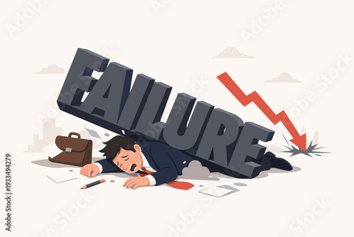 Businessman in Suit Crushed Under Giant 3D Failure Word with Red Downward Arrow Crashing into Ground, Symbolizing Financial Crisis, Bankruptcy, Economic Recession, Stress, and Career Defeat.