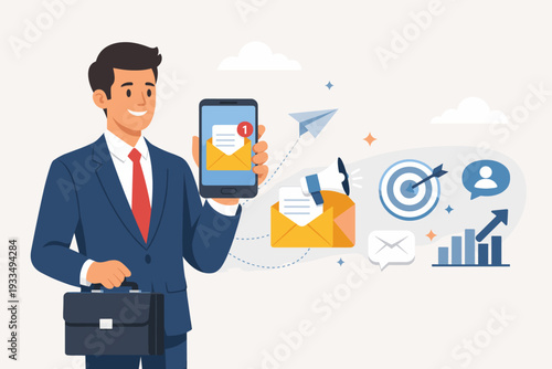 Businessman in a professional blue suit holding a smartphone with a new email notification, representing mobile email marketing strategy, digital communication, business growth, and advertising.