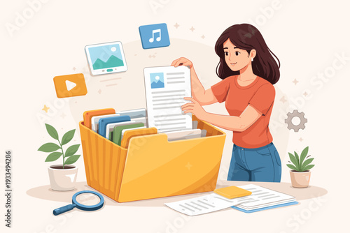 Woman organizing digital and physical files in a large yellow folder, searching for documents, media content, music, and videos, concept of data management, office organization, and productivity.