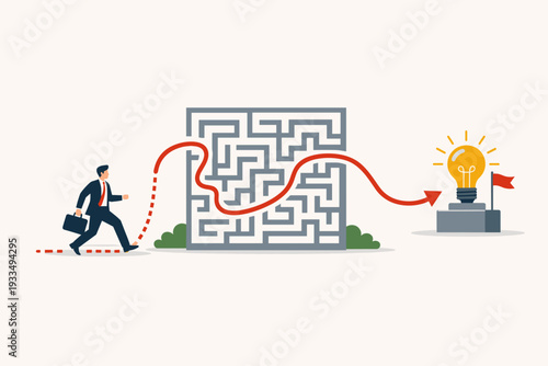 Businessman walking along a red arrow path that bypasses a complex maze to reach a glowing lightbulb goal. Concept of creative problem solving, finding a shortcut, and out of the box thinking.