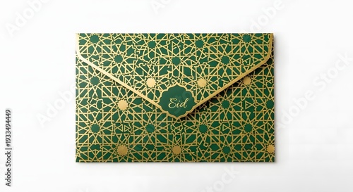 Green envelope with ornate gold foil islamic geometric floral motif elegant festive ceremonial design