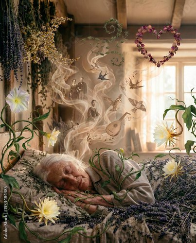 Sleeping senior woman, surreal smoke with memory silhouettes of butterflies, lute and bird above flower overgrown bed in rustic cottage suitable for fantasy art, grief support, memory projects, herbal