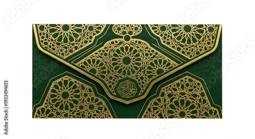 Green envelope with ornate gold foil islamic geometric floral motif elegant festive ceremonial design