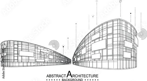 Professional black vector architecture illustration of dual-sided parametric commercial street with curving facades and integrated advertising signage