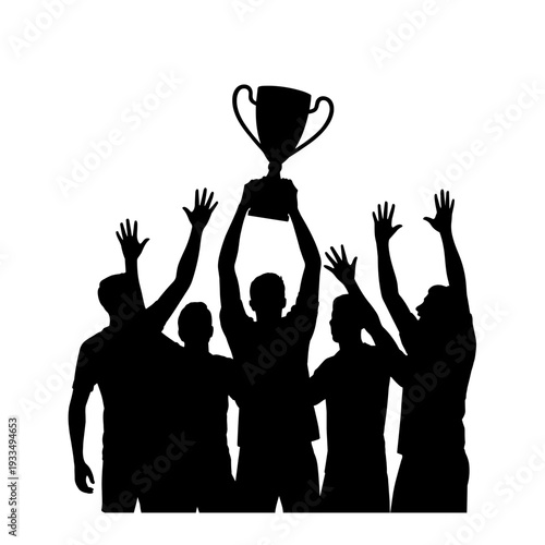 Silhouette of winning sports team celebrating with trophy