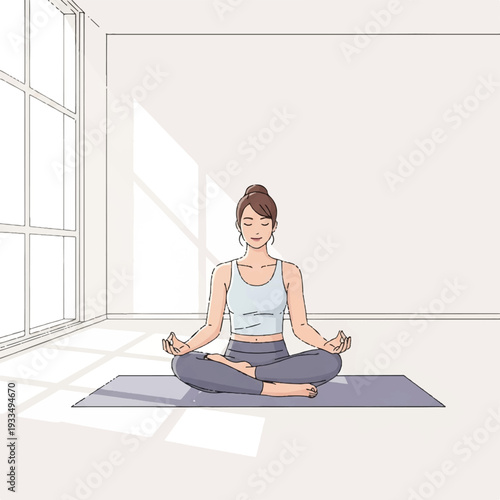 A serene woman meditates in lotus position on a yoga mat in a bright room with large windows casting natural light.