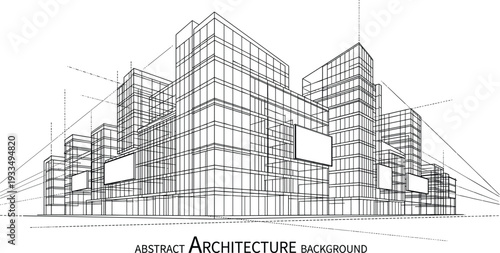 Abstract black and white vector architecture background featuring conceptual urban office buildings in a 3D technical sketch