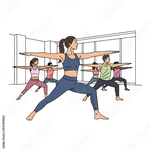 Group of people practicing yoga with a woman in the foreground performing a warrior pose in a studio with large windows.