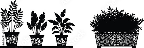 Black and white potted plants silhouette illustration, decorative indoor houseplants in floral pots isolated on white background banner design