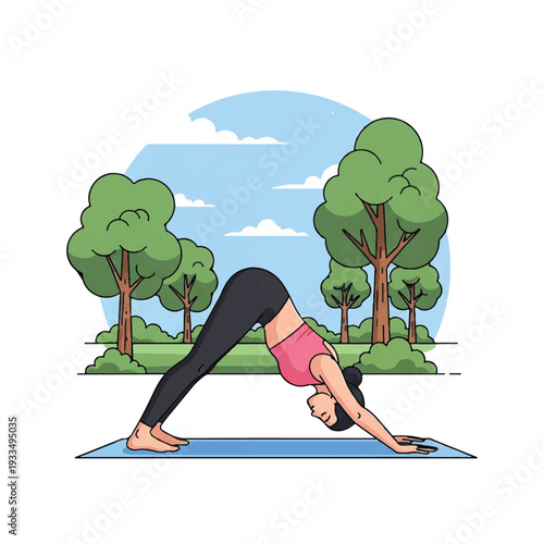 A woman in a pink top and black leggings performing a downward-facing dog yoga pose on a blue mat in a serene outdoor setting with trees and a blue sky.