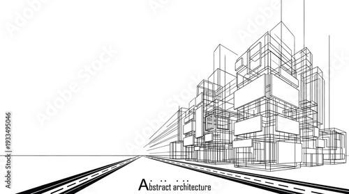 Professional black vector architecture wireframe of dense urban city buildings and highway road with structural drafting lines