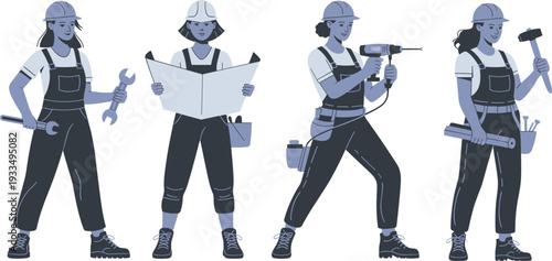 Collection of female construction workers holding tools and blueprints, professional tradeswomen characters isolated on white background vector illustration