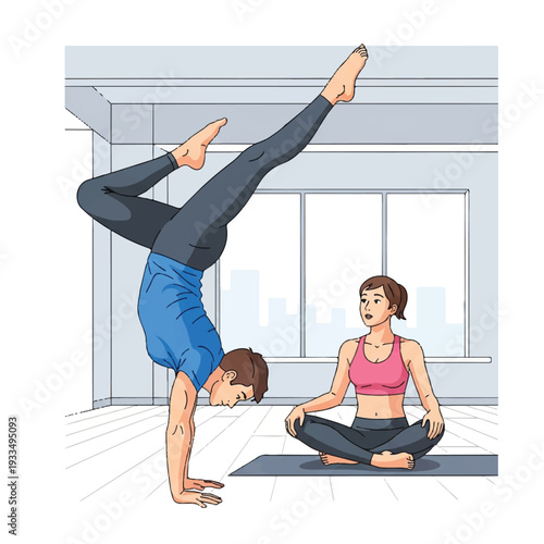 Illustration of a man doing a handstand while a woman sits cross-legged on a yoga mat in a room with a city view.