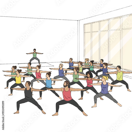 Illustration of a group of people practicing ballet in a studio with a barre, wearing colorful tops and black leggings.