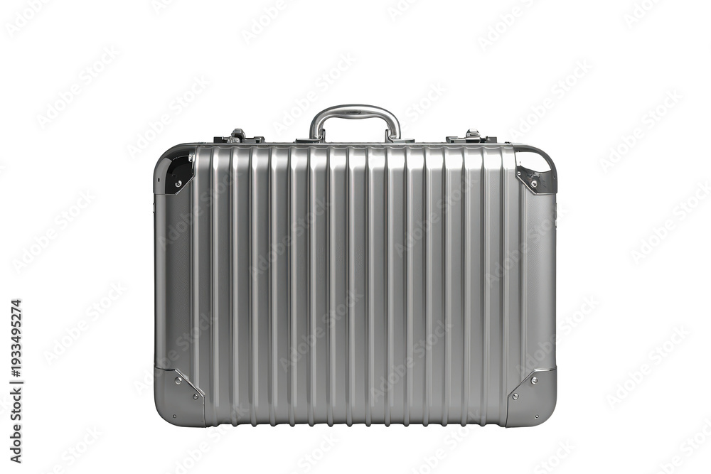 Fototapeta premium Silver aluminum hardshell suitcase on transparent background, a premium travel luggage representing journey and business class