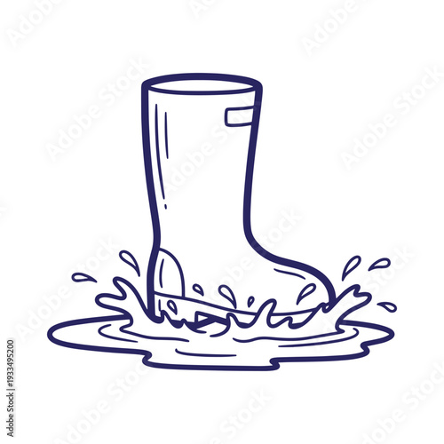 Blue rubber boot stepping into a puddle of water with splashes 1