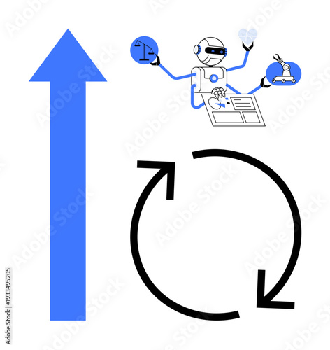 Artificial intelligence, automation, data analysis, scientific research, workflow optimization, technology progress. Robot performing tasks with scales, tools arrows and loop icons. Artificial