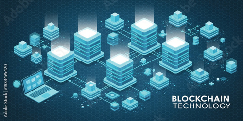 Blockchain Technology Network Concept with Isometric Data Servers, Digital Ledger System, Cryptocurrency Infrastructure, and Futuristic Cyber Security Connection Illustration